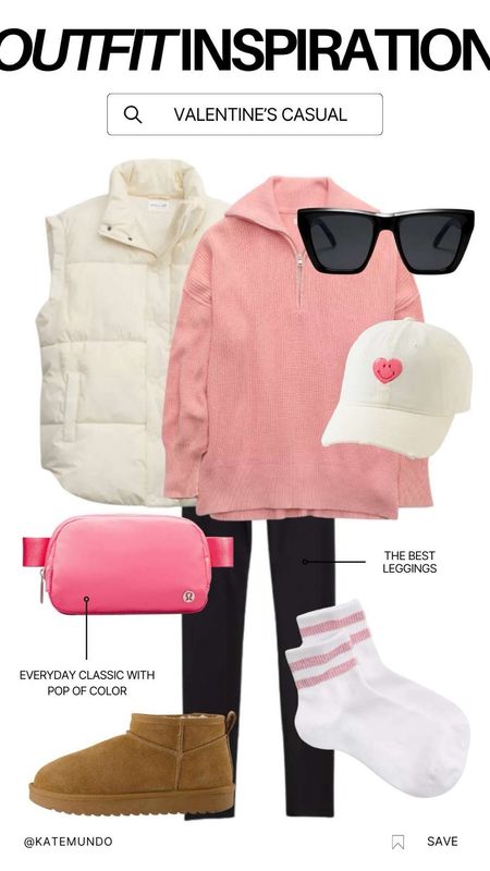 Winter style. Winter outfit. Valentine’s Day. Casual chic. Boots. Leggings. Activewear. Sunglasses. Puffer vest. Belt bag. Crew socks. Pink outfit. Mom style. Everyday outfit. Maternity. Spring outfit. Outfit inspiration. 

#LTKfindsunder50 #LTKsalealert #LTKstyletip