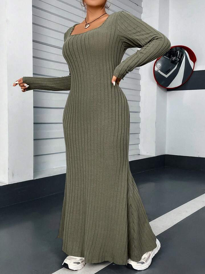 Plus Ribbed Knit Mermaid Hem Dress | SHEIN