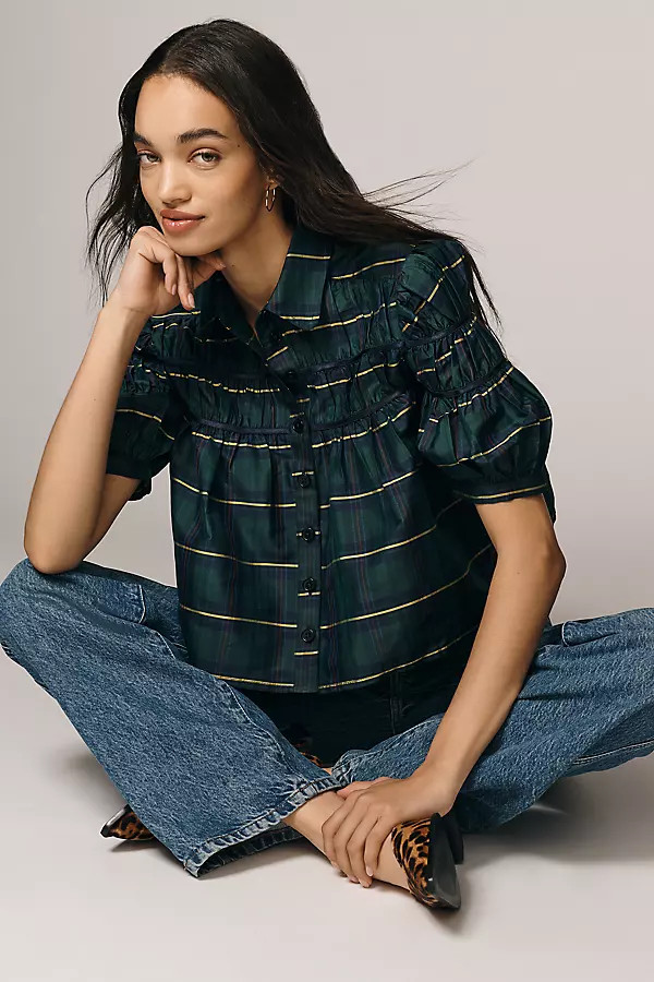 The Leandra Taffeta Shirred Yoke Blouse by Maeve | Anthropologie (US)
