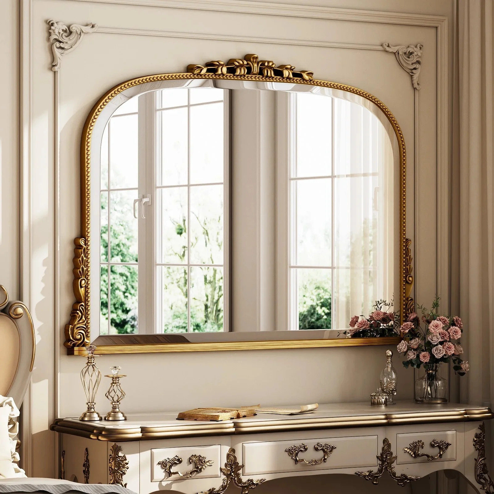 BEAUTYPEAK 44"x 32" Arched Vintage Decor Mirror Vanity Wall Mirror, Antique Gold | Walmart (US)