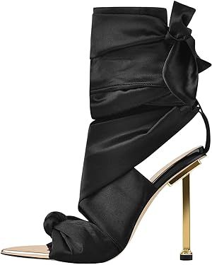 Women's Bows Strap Sandals Pointed Open Toe Metal Stiletto High Heel Lace-up Sandals | Amazon (US)