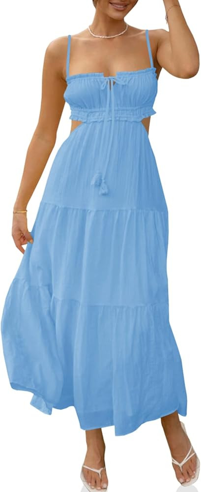 Fisoew Women's Spaghetti Strap Maxi Dress Summer Sleeveless Side Cut Out Dress Casual Boho Backle... | Amazon (US)
