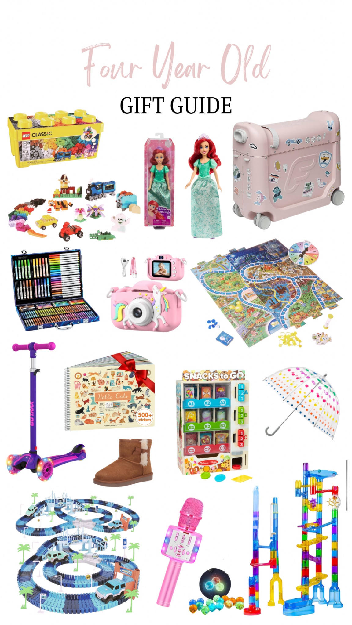 Four Year Old Gift Guide! 

Gifts for kids, holiday gifts, Disney board game and toys, boots, kids camera, umbrella, vending machine play set, suitcase, race track, art kit for kids, scooter, legos, sticker book 

#LTKKids #LTKHoliday #LTKSaleAlert