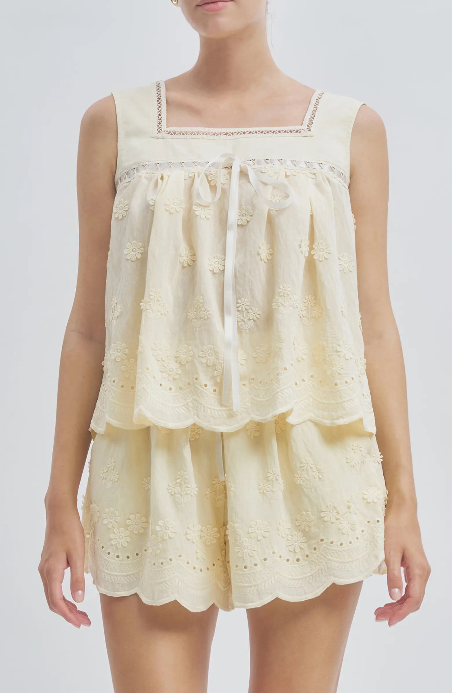 MAUDE CLUB Odette Floral Appliqué Babydoll Top | Nordstrom | Nordstrom