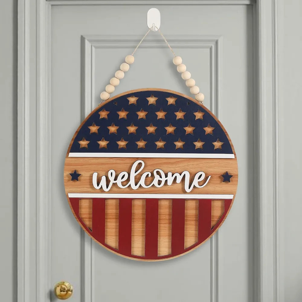 4th of July Decorations- Patriotic Wreaths Welcome Sign- Red White Blue Wooden Hanging Front Door... | Amazon (US)