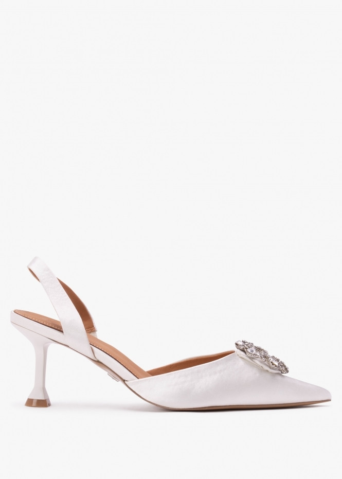 Elewed White Leather Embellished Sling Back Heeled Pumps | Daniel Footwear (UK)