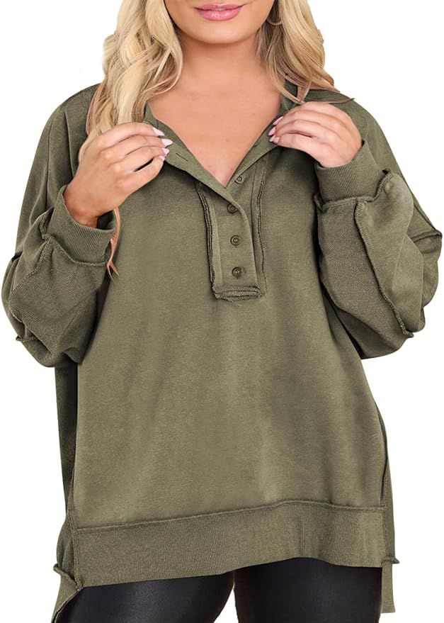 Eytino Women's Plus Size Sweatshirts Button Henley Neck Casual Long Sleeve Oversized Pullover Top... | Amazon (US)