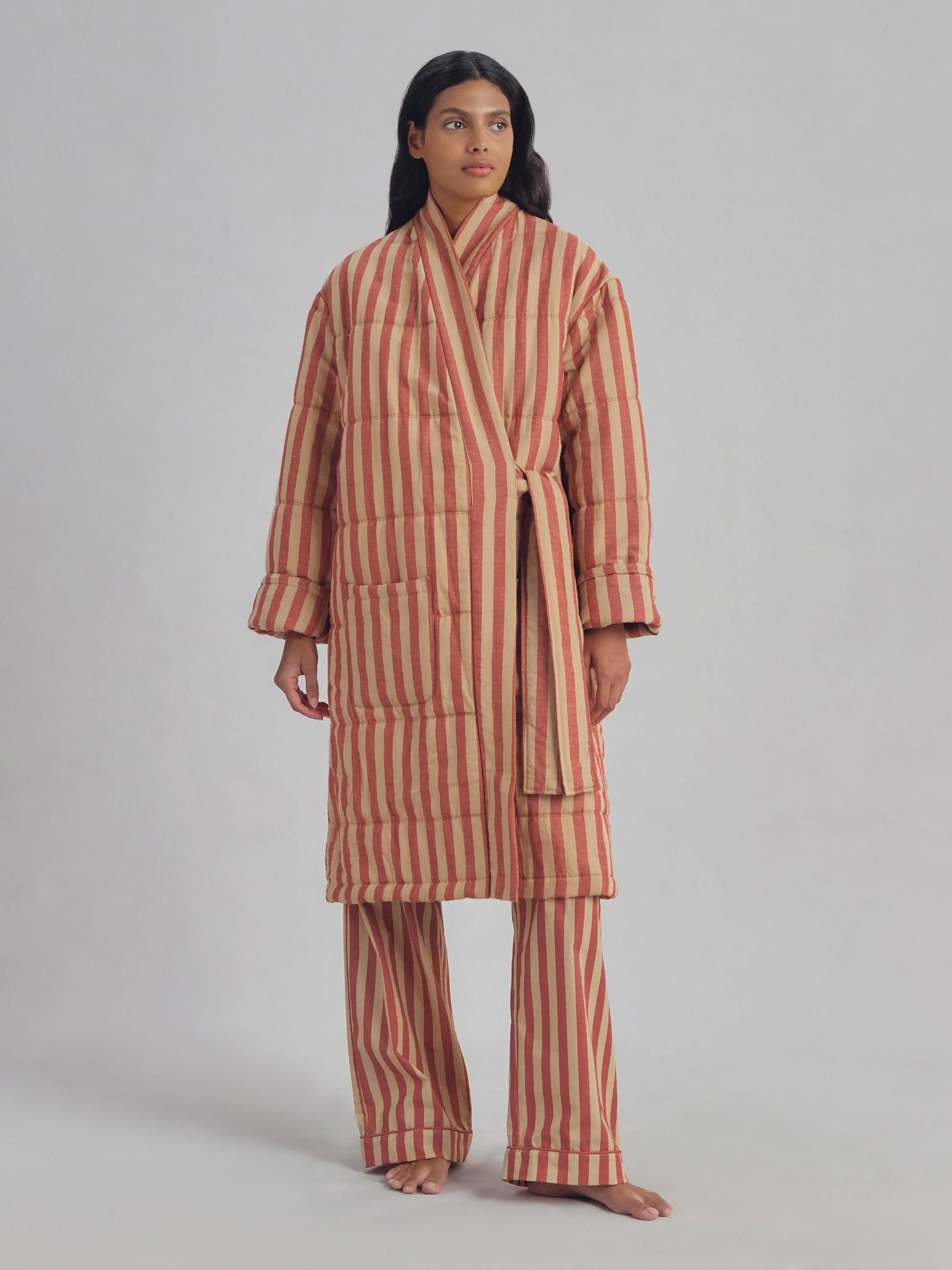 Sandstone Red Pembroke Stripe Linen Blend Housecoat | Piglet