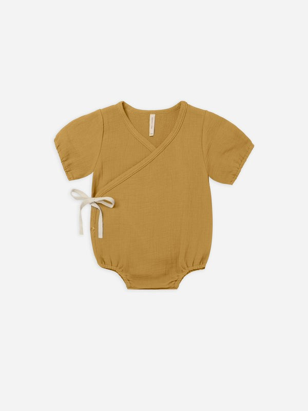 woven wrap romper | ocre | Quincy Mae