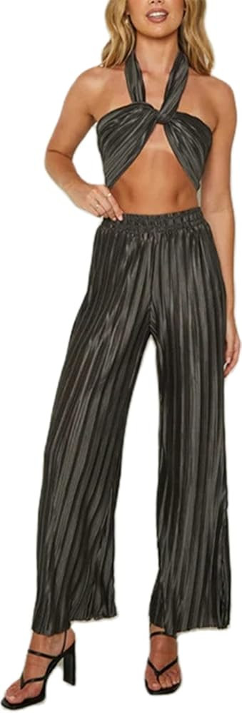 Creaion Women's Trendy Pleated Beach Matching Sets Summer Long Sleeve Button Down TShirt Micro Fl... | Amazon (US)