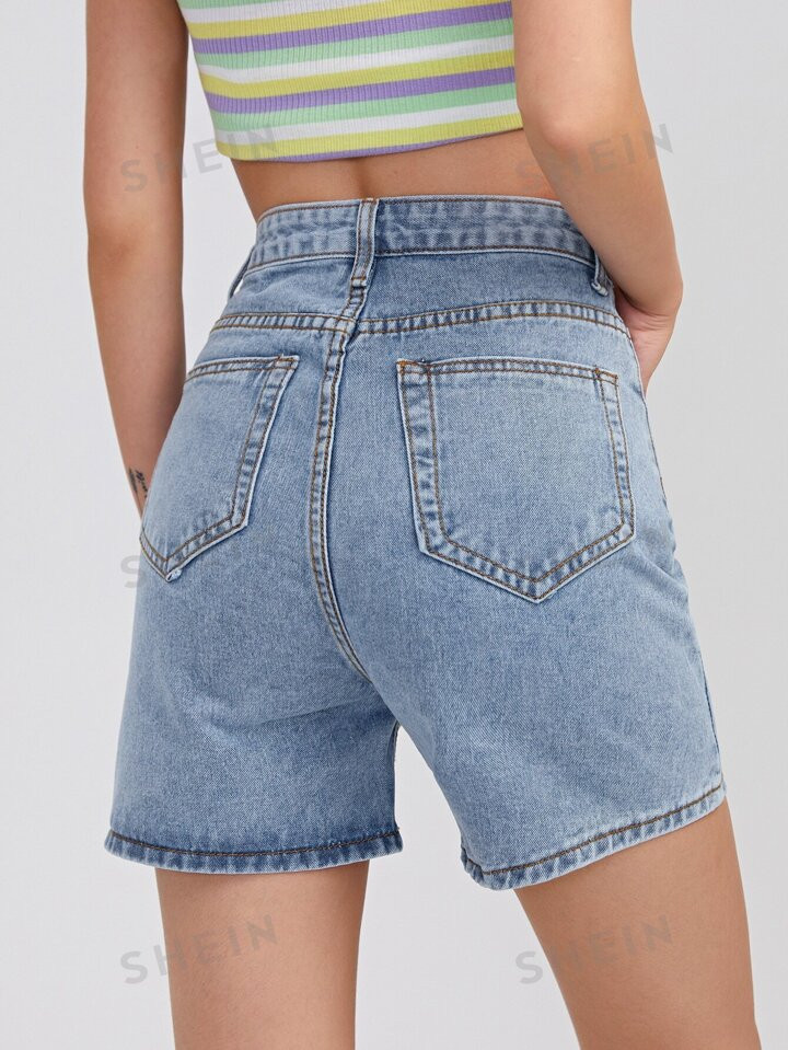 SHEIN EZwear Straight Leg Solid Denim Shorts | SHEIN