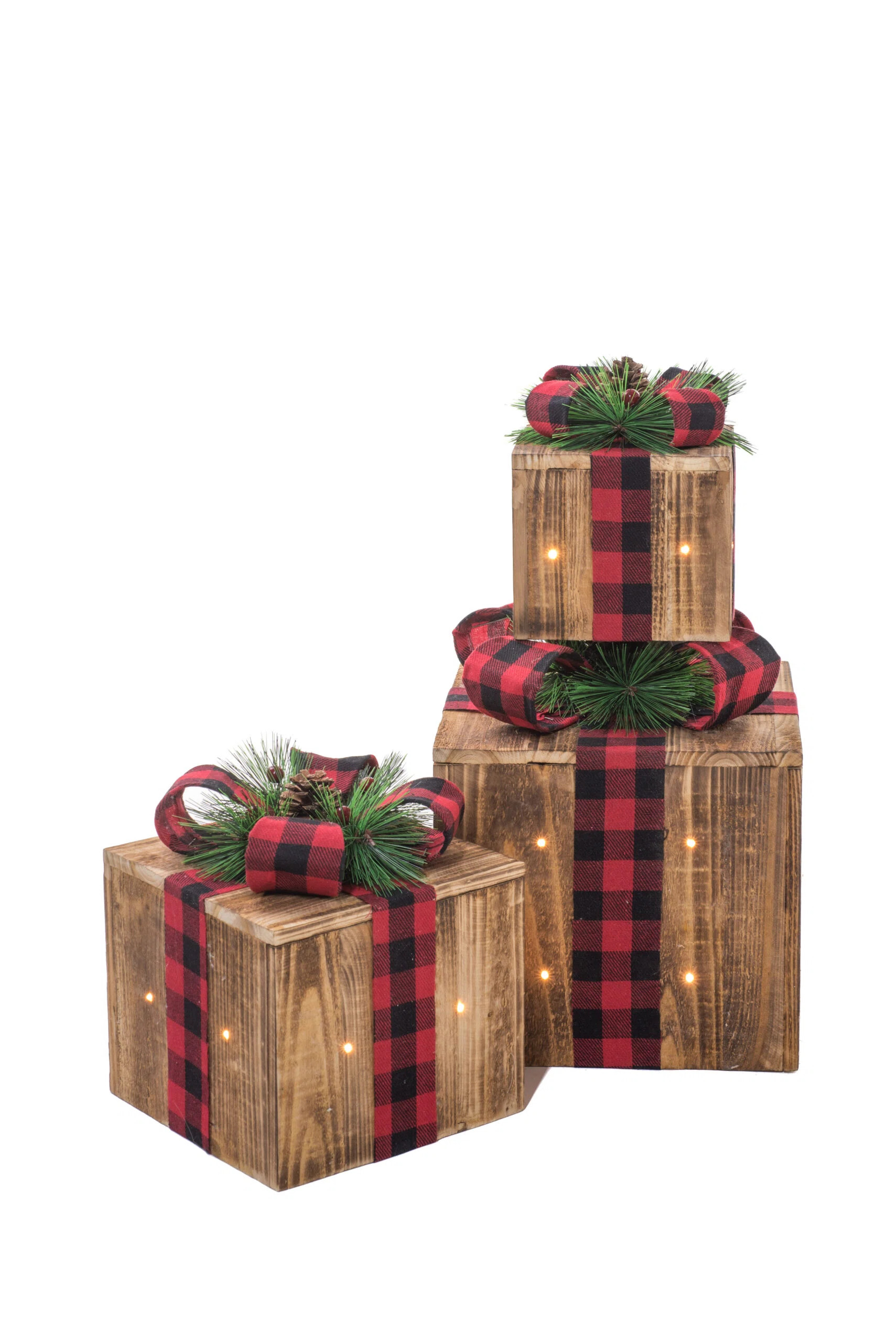 Brown Wood 3 Piece Lighted Present Set with Buffalo Plaid Ribbon | Wayfair North America