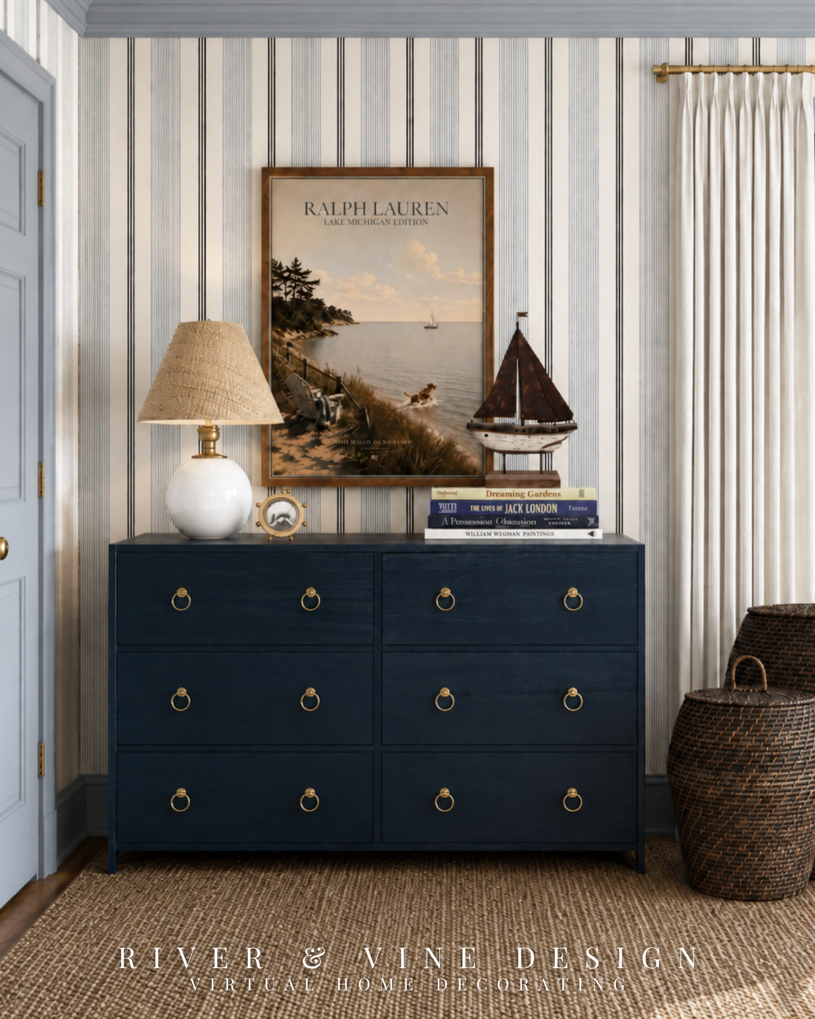 If your dresser always looks cluttered instead of styled, the problem may be scale—not the decor itself. Start with one oversized piece of lake house wall art, then balance it with a substantial table lamp and a few collected accents at varying heights.

The navy six-drawer dresser grounds the lighter striped wallpaper, while the sailboat, woven baskets, vintage-style clock, and stacked books create that layered Ralph Lauren lake house aesthetic without feeling overly themed. Tap the products to recreate this polished, collected look in a bedroom, guest room, or lake house entryway.

I may receive a commission from purchases made through my links. 

 #LTKHome