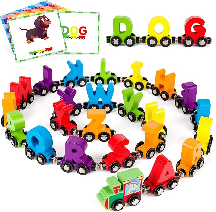 27 PCS Magnetic Wooden Alphabet Train Sets | ABC Letter Learning Toy Trains with 42 PCS Flash Car... | Amazon (US)