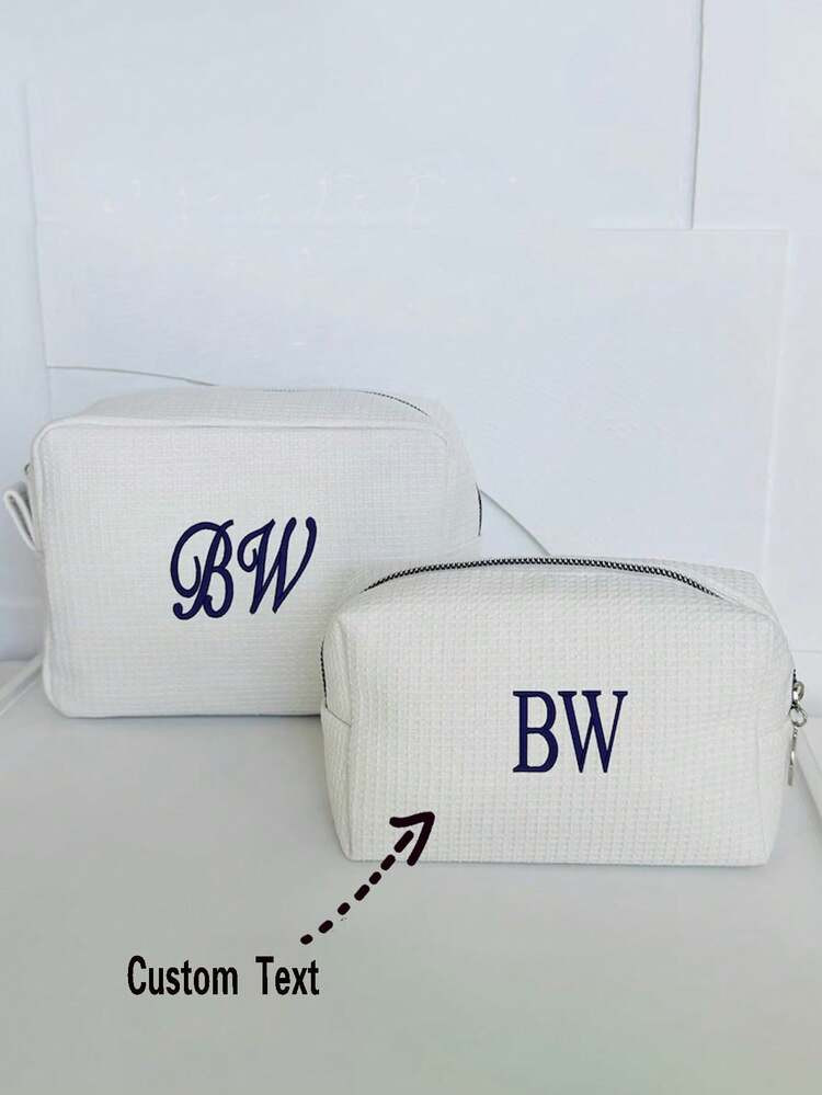 Personalized Waffle Travel Makeup Bag - Graduation Season Return Gift Customized Letter Makeup Bag, Embroidered Toilet Bag, Bridesmaid Gift, Wedding Gift, Ladies Gift, Makeup Bag, Cute, Adorable, Contracted, Funny, Kawaii, Y2K, Minimalist, Commuting, Business Casual, Basics, Custom, Personalized, Unique, Customized, Her, Family, Friends, Girlfriend | SHEIN