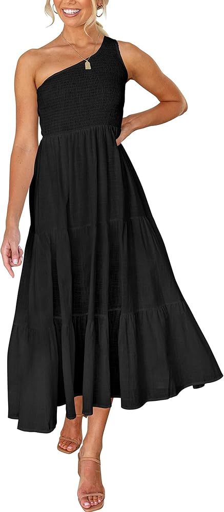 KIRUNDO 2022 Women's Summer One Shoulder Dress Solid Color Sleeveless High Waist Flowy Midi Dress Ru | Amazon (US)