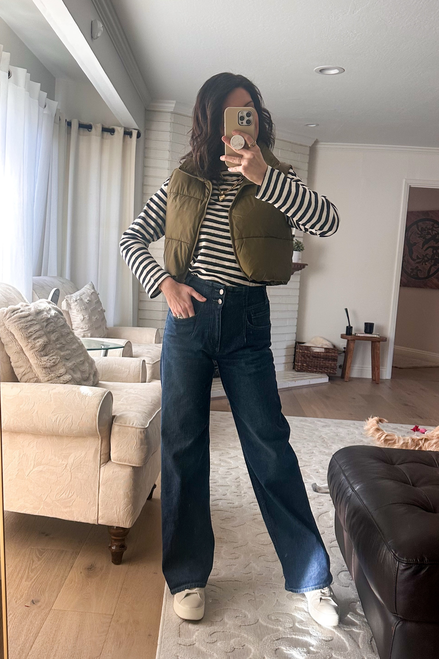 Perfect travel outfit or running errands. Striped top is boat neck and also comes in red. Size small. Cropped vest size small. Exact jeans are available on the other app  