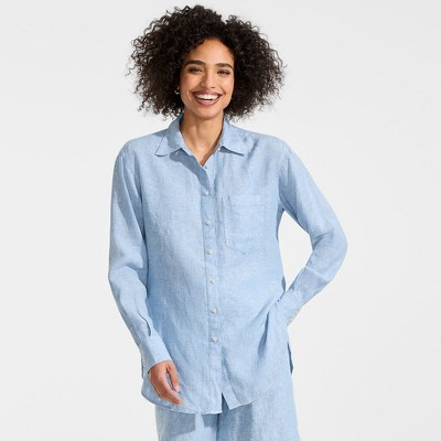 Lands' End Women's Linen Oversized Button Front Shirt - Small - Soft Blue Linen | Target