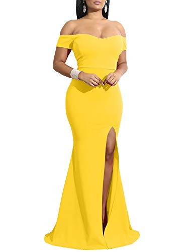 YMDUCH Women's Off Shoulder High Split Long Formal Party Dress Evening Gown | Amazon (US)