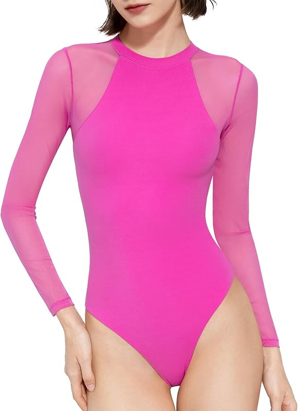 PUMIEY Mesh Long Sleeve Bodysuit for Women Crew Neck Body Suits Sexy Sheer Tops Smoke Cloud Collecti | Amazon (US)