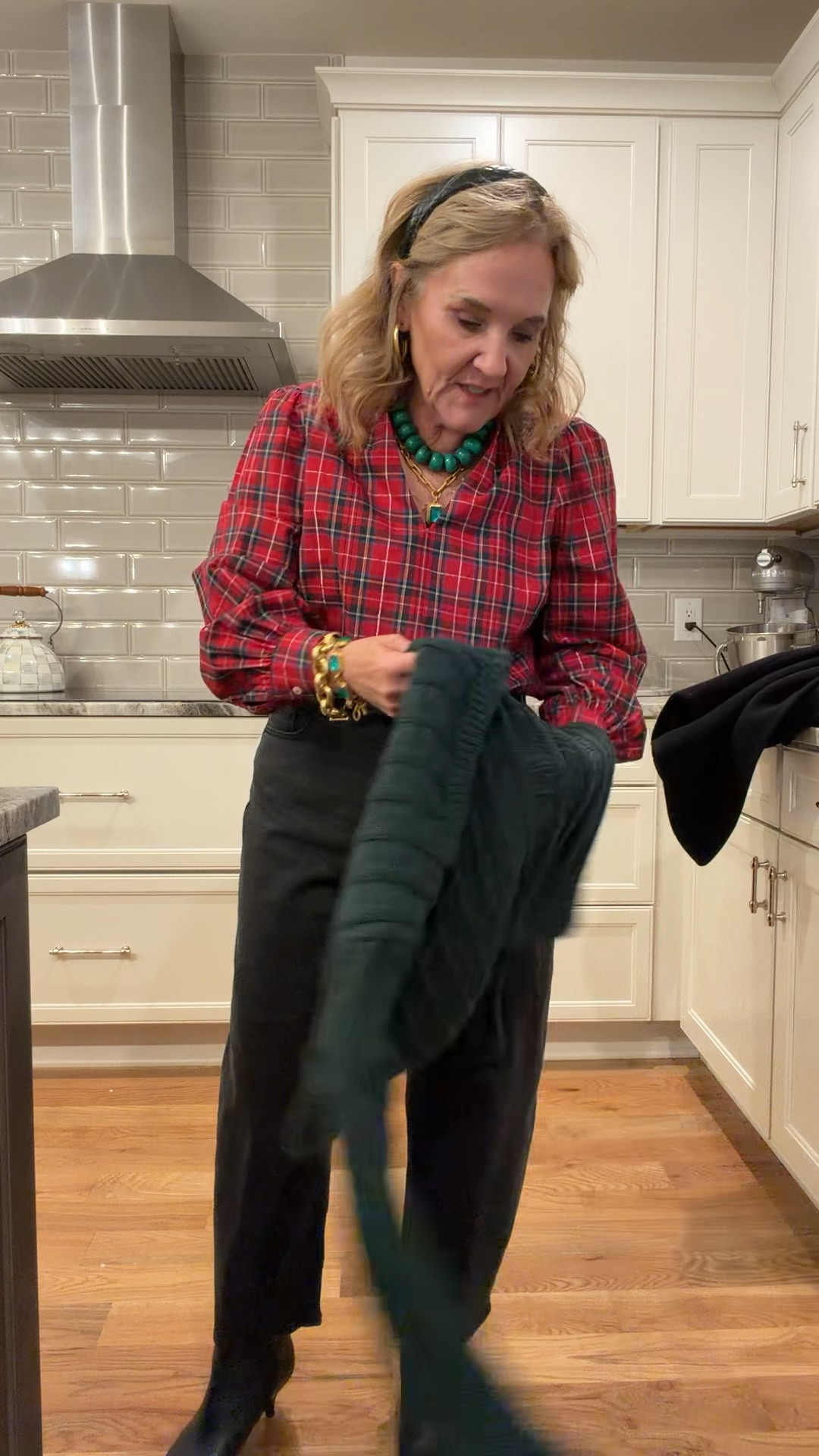 Festive outfit for lunch. 
Barrel jeans size 29 petite 
I’ll link a few plaid blouses. 
Necklace is so fun 
Coat is fantastic. So warm yet not heavy. True to size 

#LTKOver40 #LTKootd #LTKPetite