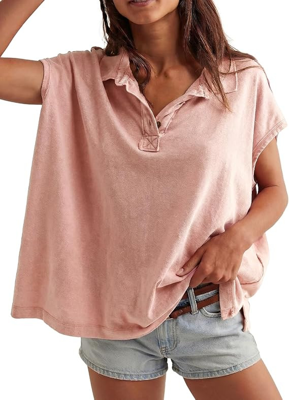 Haellun Oversized Polo Shirts for Women Casual Summer Tee Tops Cap Sleeve Collared Cotton Shirts | Amazon (US)