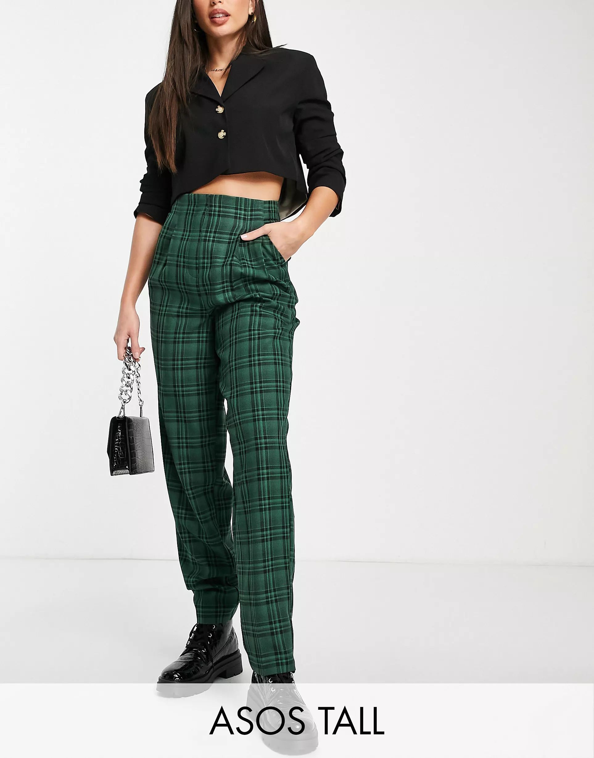 ASOS DESIGN Tall soft slouch mom trouser in green check | ASOS (Global)