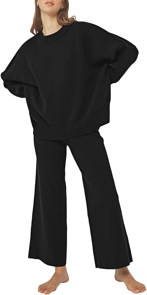 Linsery Women 2 Piece Sweater Sets Long Sleeve Knit Top Matching Wide Leg Pant Knitted Sweatsuit ... | Amazon (US)