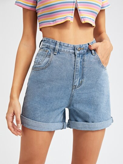 Turn Up Hem Solid Denim Shorts | SHEIN