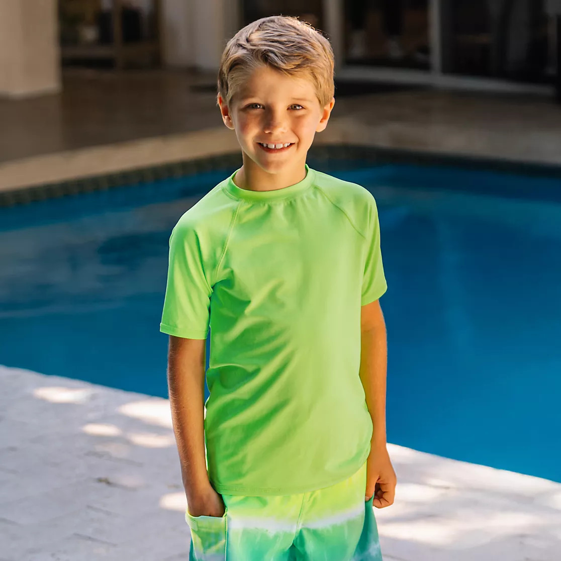 Boys Sunshade UPF 50 Chlorine Resistant Short Sleeve Crew Neck Rash Guard | Lands' End (US)