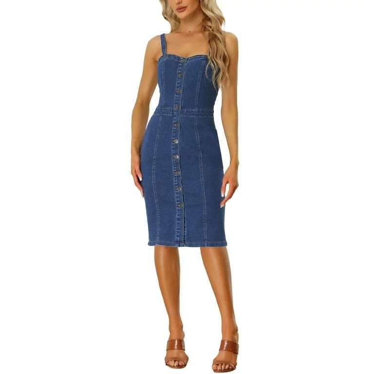 Allegra K Button Down Denim Dress for Women's Sleeveless Sweetheart Neck Jeans Midi Dresses | Walmart (US)