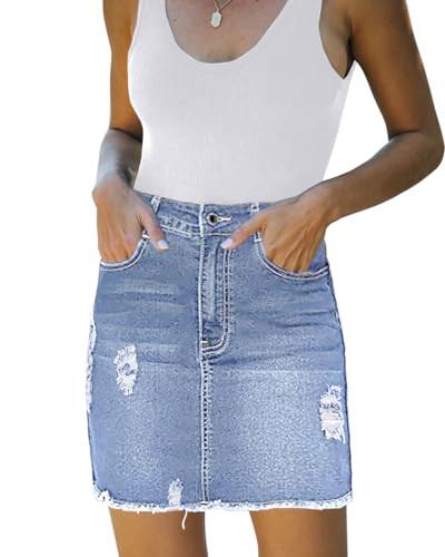 Necooer Womens Ripped Short Jean Skirt High Waisted Stretchy Washed Frayed Distressed Casual Mini Denim Skirts with Pocket (X-Large,A-Light Blue) | Amazon (US)