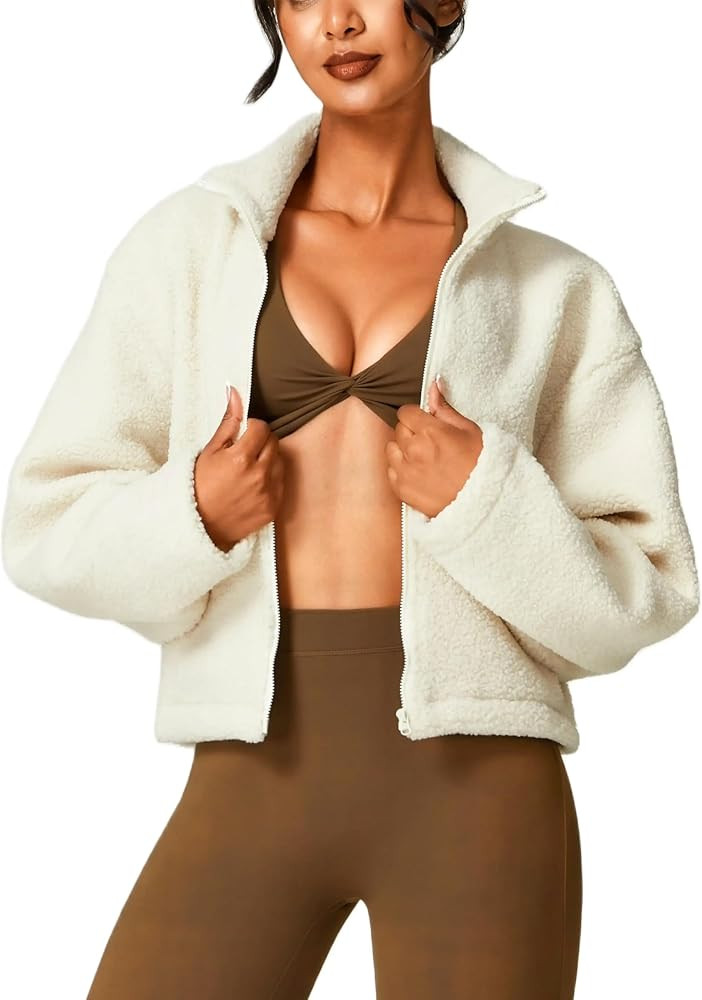 Womens Sherpa Cropped Jacket Stand Collar Full Zip Long Sleeve Short Fleece Coat With Pockets | Amazon (US)
