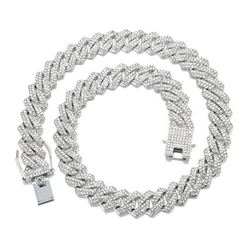 Mens Cuban Link Chain Iced Out Silver Gold Miami Cuban Necklace Bling Diamond Chain Hip Hop Jewelry with Gift Box for Women (Silver-13.5mm,18inch) | Amazon (US)