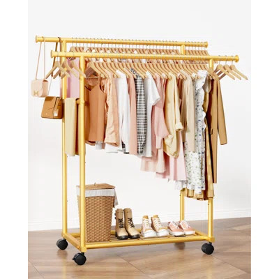 Metal Clothes Rack - Double Rod Clothing Rack with Fixed Design and Rolling Wheels, Coat Rack with Built-In Shelf for Closet Organizers and Storage (3 | Wayfair North America