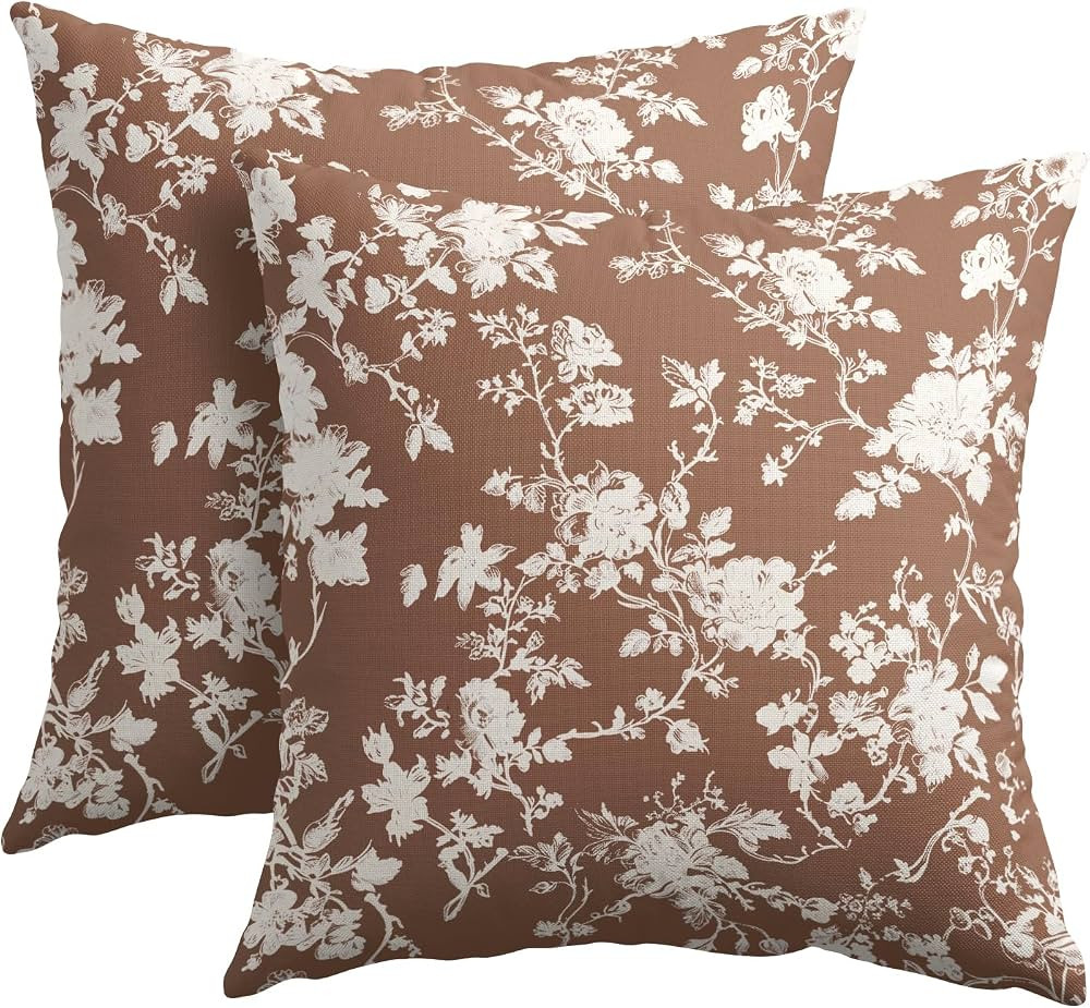 Kawani Vintage Floral Pillow Covers 24x24 Inch Set of 2 Rustic Brown and White Outdoor Decorative... | Amazon (US)