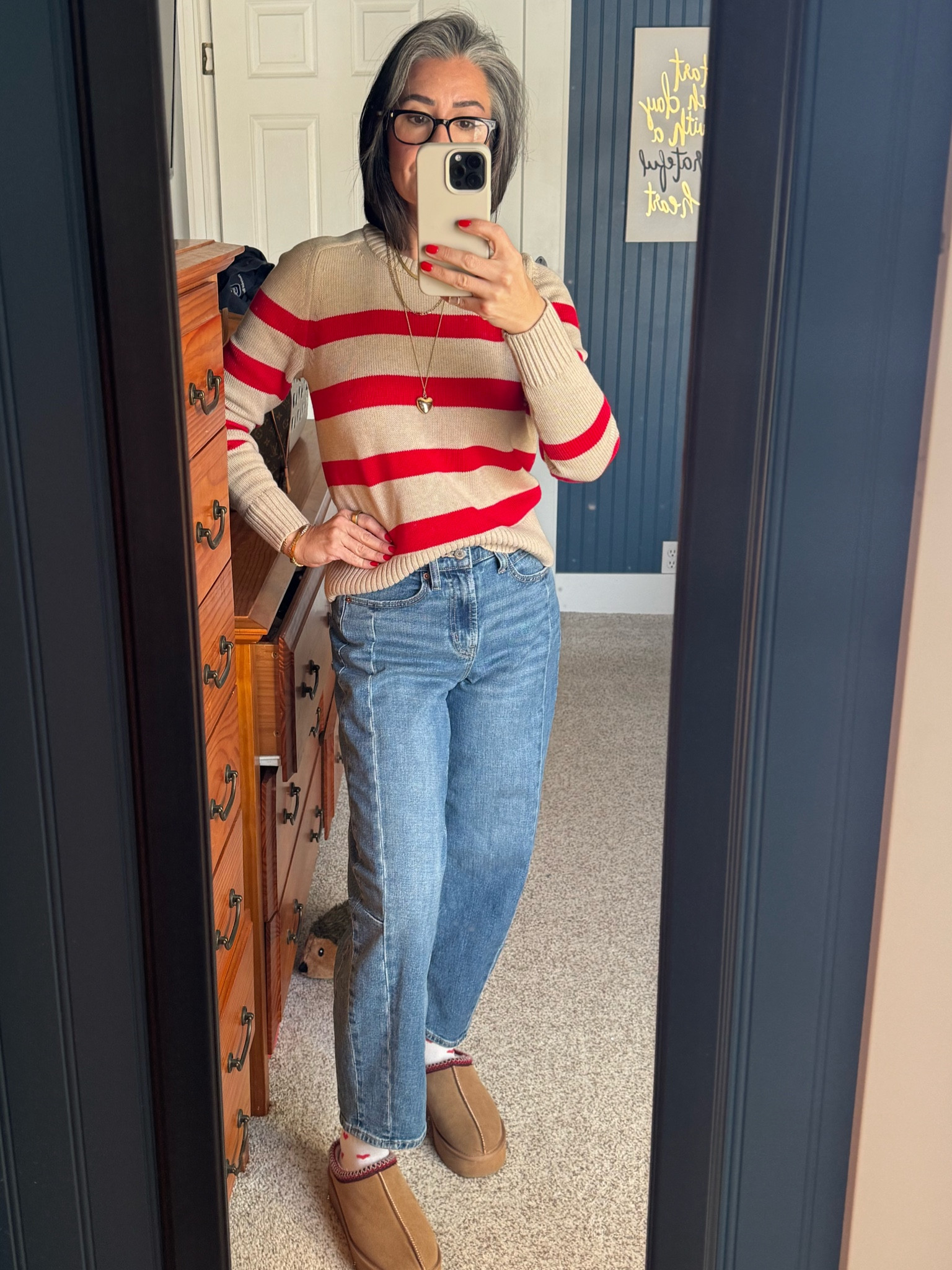 Casual and comfy, work from OOTD. No really these jeans are comfy enough to wear all day! 

All TTS; Sweater XS, Jeans 0 
47 yrs old, 5’3” 25in waist 32DD 

Heart pendant is Lucky Brand from TJX 2024. No link. 

#LTKStyleTip #LTKOver40 #LTKWorkwear