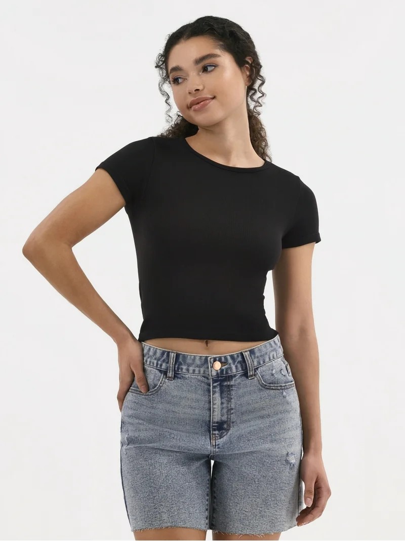 No Boundaries Seamless Crop Top with Short Sleeves, Women's | Walmart (US)