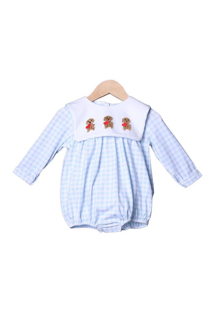 Puppy Love Blue Gingham Bubble | The Smocked Flamingo