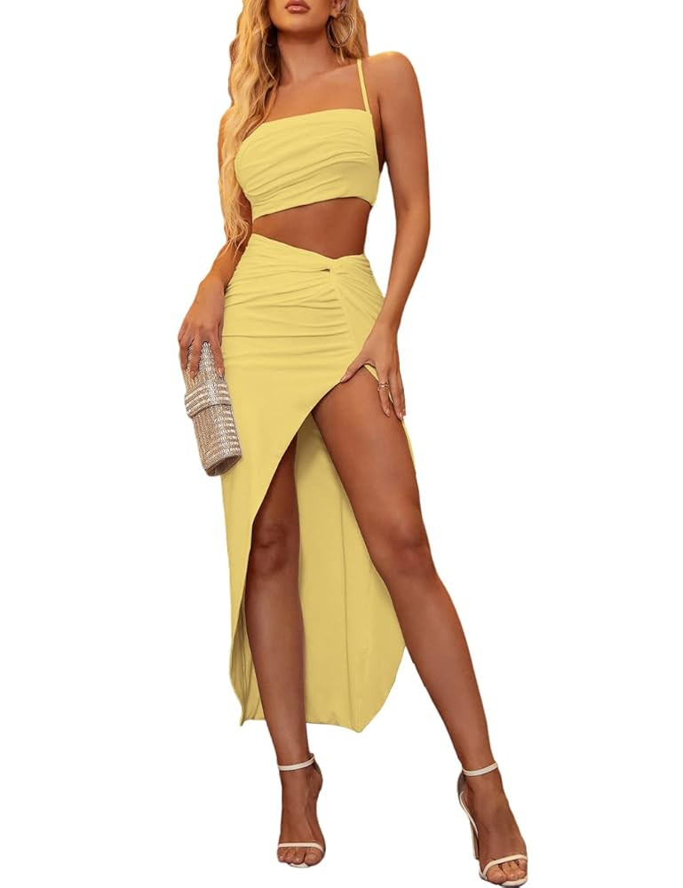 XinFSh Women's Two Piece Skirt Sets Summer Beach Sexy Asymmetrical High Slit Night Out Dress Sets | Amazon (US)