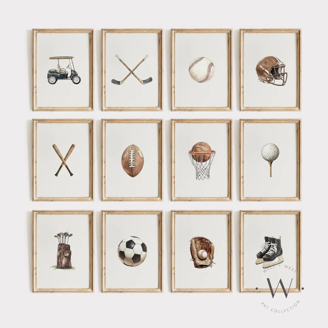 Sports Prints Set of 12 | Vintage Style Illustrations | Baseball, Football, Golf, Hockey, Basketb... | Etsy (US)