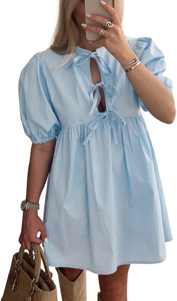 Women Casual Summer Puff Sleeve Mini Dress Bow Tie Front Y2K Babydoll Cut High Waist Peplum Dress | Amazon (US)
