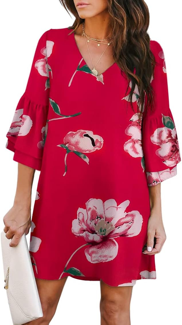 BELONGSCI Women's Dress Sweet & Cute V-Neck Bell Sleeve Shift Dress Mini Dress | Amazon (US)