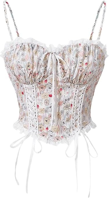Milumia Women Floral Sexy Bow Knot Corset Crop Top Lace Curved Hem Shirred Bustier Cami Tops | Amazon (US)