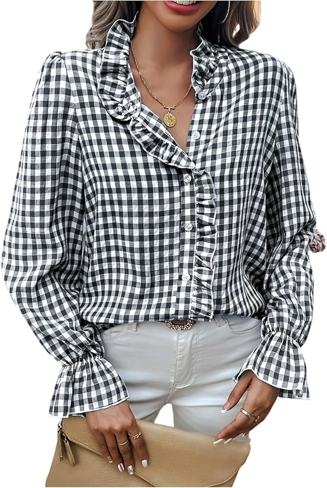 Womens Plaid Ruffle V Neck Button Down Blouse Casual Long Sleeve Fall Vintage Tops Business Work ... | Amazon (US)