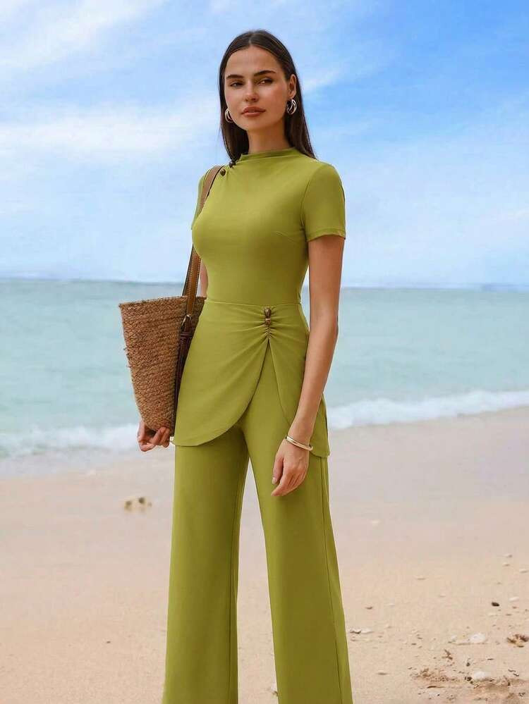 Swim Shayni New Summer Women's Round Neck Short Sleeve Cinched Waist Ruffle Front Slit Dress | SHEIN