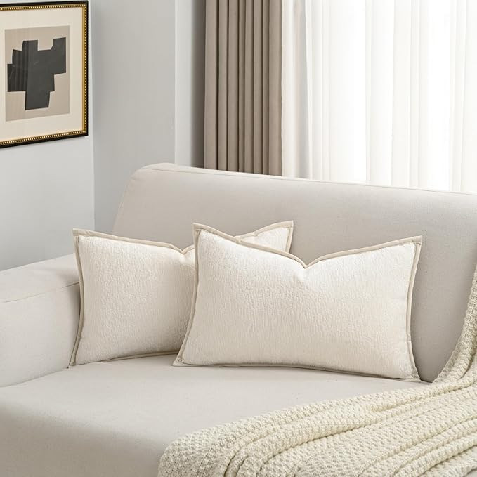 FUTEI Cream White Chenille Throw Pillow Covers 12x20 Inch Set of 2,Soft Cozy Bound Edge Design Lu... | Amazon (US)