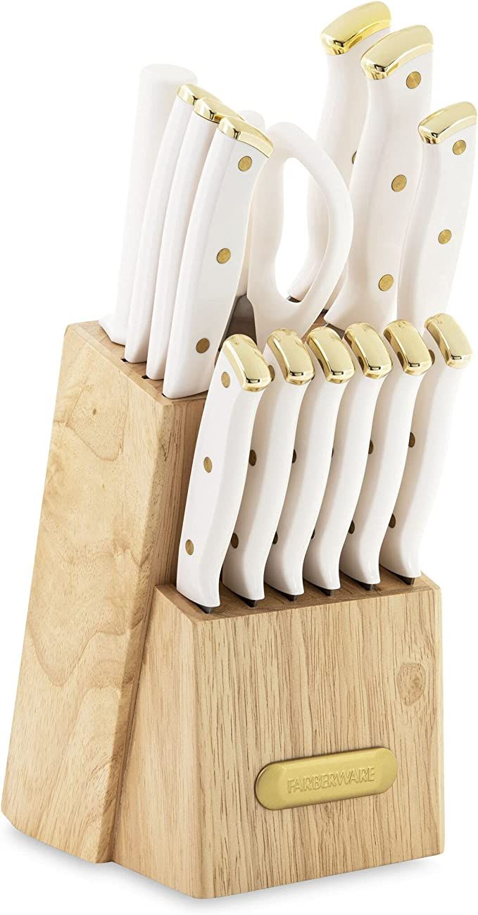 Farberware Triple Riveted Knife Block Set, 15-Piece, White and Gold | Amazon (US)