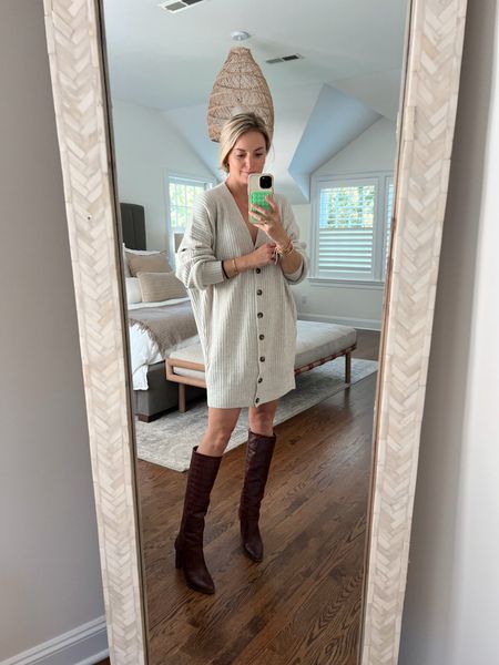 Fall outfit 
•sweater dress 25% off with code FAM25 - runs oversized. wearing size small, but need an XS 
•boots old Vince camuto, linked similar

#LTKSeasonal #LTKstyletip