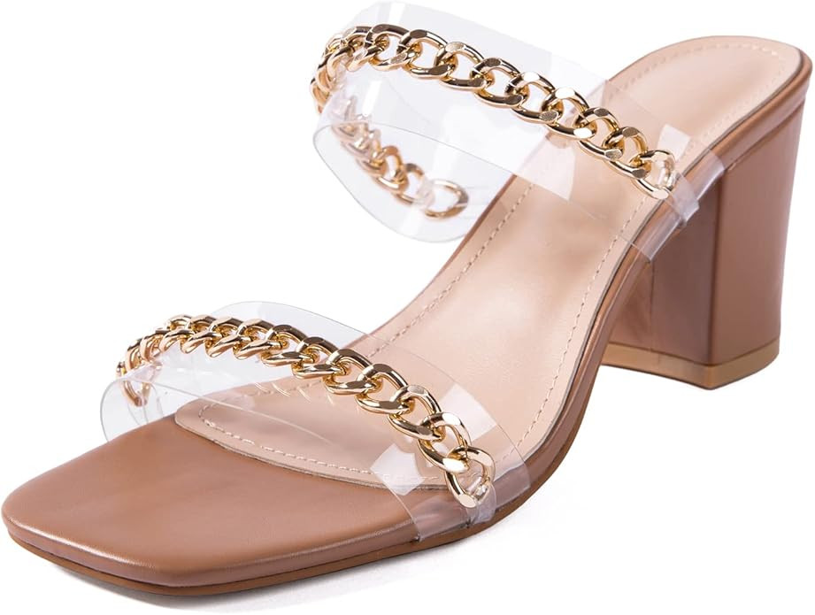 N.N.G Women Heel Sandals Chunky Clear Two Strap Block Square-Toe Leather Comfortable Sandals | Amazon (US)